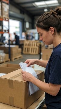 A diligent warehouse worker carefully processes a shipping label on a cardboard parcel ensuring accurate distribution and efficient logistics in a busy facility