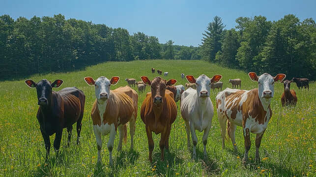 Herd of Cows Grazing in a Lush Green Meadow on a Sunny Day, Rural Landscape