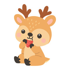 Fototapeta premium Little fawn with antlers enjoying a fresh strawberry