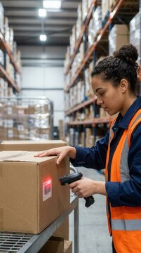 A diligent female warehouse worker efficiently scanning a cardboard parcel with a laser barcode reader to manage inventory and streamline logistics operations