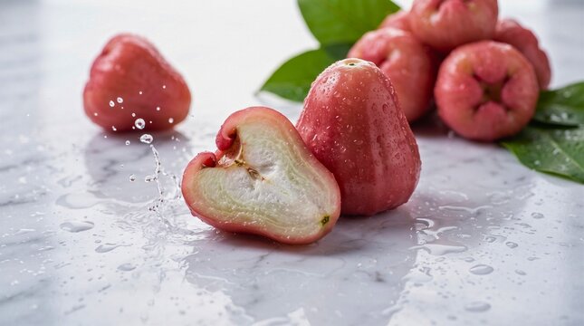 Rose apples rest on a wet marble surface with splash droplets and fresh green leaves.