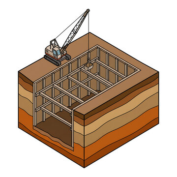 Illustration of excavation project, Isometric illustration of construction site foundation excavation and