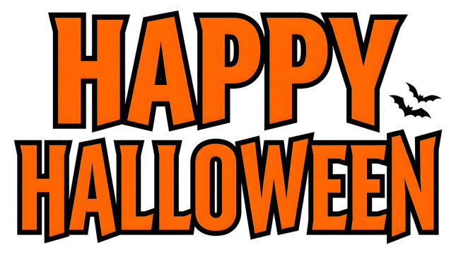 A vibrant and festive happy halloween greeting with bold orange lettering and a small bat illustration