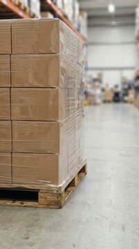 A meticulously stacked wooden pallet of cardboard boxes wrapped in protective plastic film