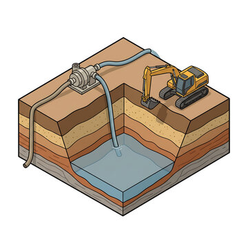 Illustration of excavation project, Isometric Groundwater Pumping and Excavation Geological Cross Section