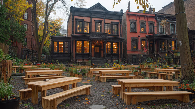 Cozy Autumn Outdoor Seating Area with Warmly Lit Victorian Houses Background