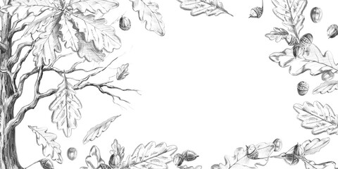 An old oak tree surrounded by falling leaves in a rectangular frame. Pencil illustration for books, postcards, websites, eco-parks, branding, craft beer label designs, and eco-hotel logos. © Svetlana