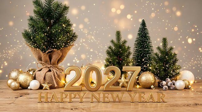 Cozy holiday setup featuring 3D gold 2027 numbers on a wooden table with small rustic pine trees wrapped in burlap, baubles, and warm twinkling bokeh lights.