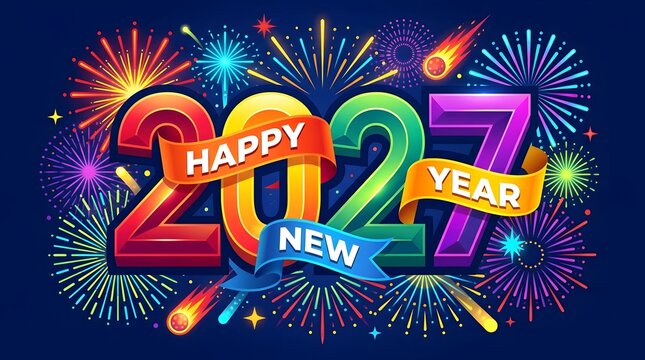 Festive 2027 Happy New Year banner featuring colorful 3D text with a ribbon wrap, surrounded by bright, exploding fireworks and rockets on a dark blue background.