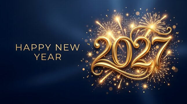 Sparkling golden 2027 Happy New Year design with fireworks and bokeh light effects on a sleek navy blue background, ideal for holiday banners and posters.