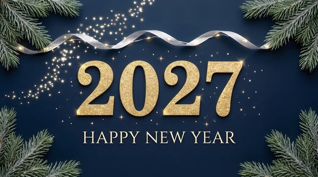 Elegant horizontal Happy New Year 2027 banner featuring golden 3D typography flanked by pine tree branches, silver ribbons, and glowing light sparkles on dark blue.