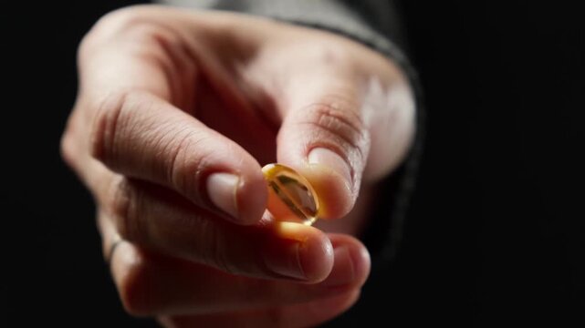 Close-Up of hand holding a golden softgel capsule against a black background