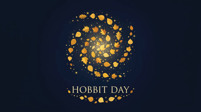Hobbit Day celebration design, golden spiral maple leaves composition, dark blue autumn festival background, fantasy party invitation template