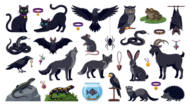 Halloween witch familiar pets, set of black cats, wolves, ravens, owls, bats, snakes, skulls and magical amulets, spooky mascot symbols, flat vector illustration