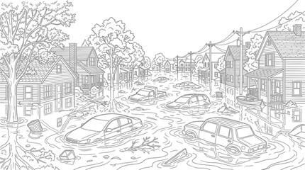 Fototapeta premium Flooded residential street scene depicted in a detailed line drawing style