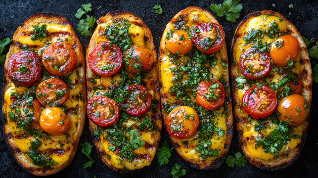 Grilled Bruschetta with Cherry Tomatoes, Melted Cheese, and Fresh Herbs on Dark Background, Top View