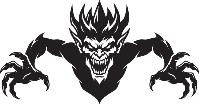 Scary monster vector character evil demon reaching out with sharp claws black silhouette mascot logo illustration