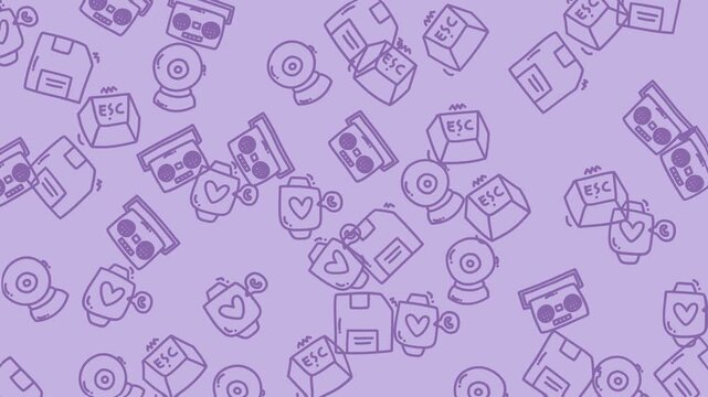 Purple background with repeated floppy disks, webcams, escape keys, hearts, and smart watches. Suitable for techthemed design projects.