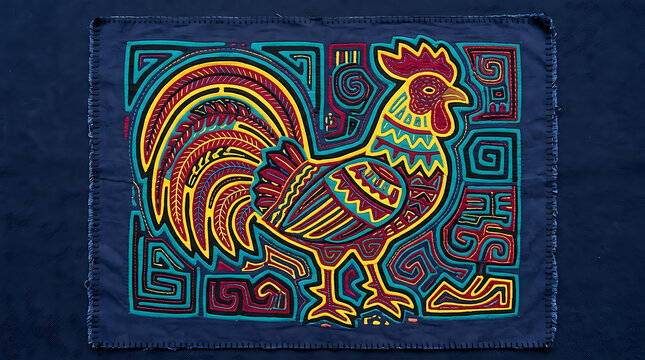 Panama applique rooster, mola reverse stitched textile art