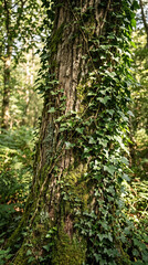 Fototapeta premium Green ivy climbing up a thick mossy tree trunk in a sunlit forest