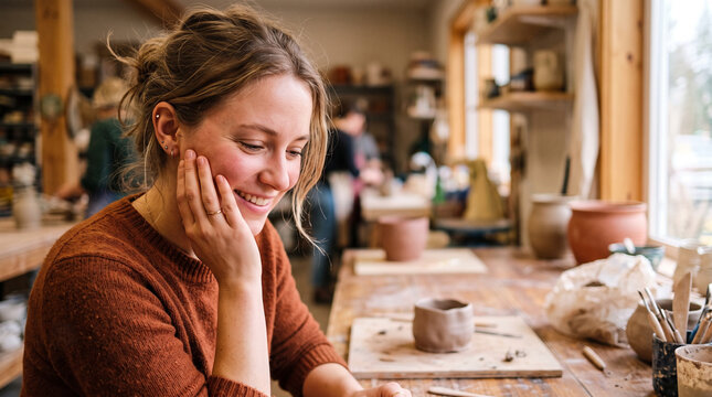 Young woman smiling softly while touching her face in a pottery studio