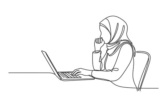 Continuous single line drawing of a young woman wearing a hijab working on a laptop computer