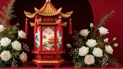 Obraz premium Red Chinese lantern with gold details sits between white rose flower bouquets. Traditional pagoda art on lantern shows mountains, birds. Festive decoration with floral arrangement for Lunar New Year