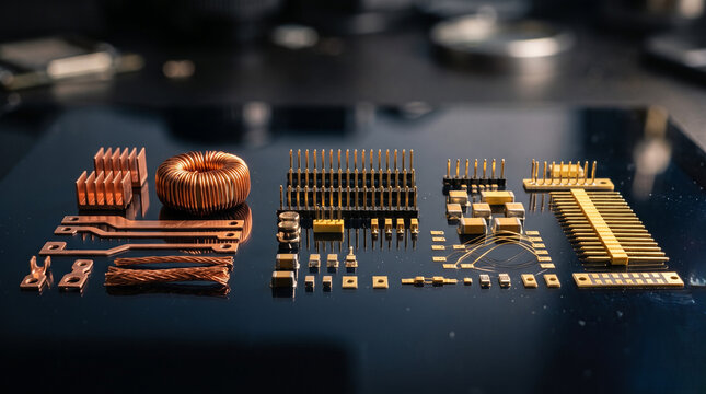 Various golden electronic components neatly arranged on a reflective dark surface