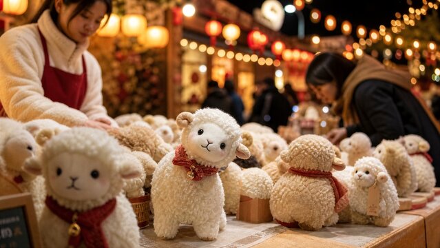 New Year's Lamb Market: Adorable sheep dolls with red scarves displayed at a bustling market during New Year's festivities, with vendors and shoppers engaged in the lively atmosphere.