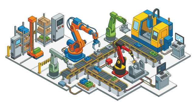 Isometric factory assembly line with robotic arms and conveyor belts