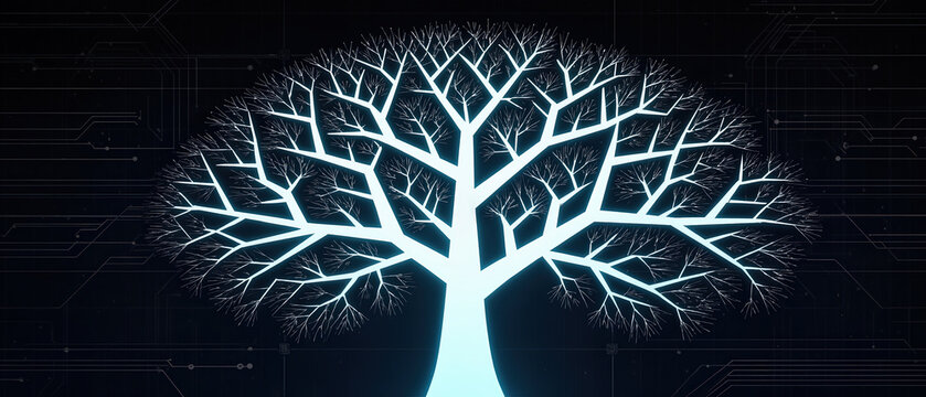 Digital tree of life symbolizing decision and expansion in glowing technology network with branching connections and futuristic energy