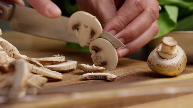 Slicing fresh button mushrooms on a wooden cutting board