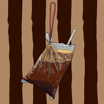 Traditional Malaysian iced coffee or 'Kopi Ais Ikat Tepi' served in a takeaway plastic bag tied on one side, isolated against a vibrant striped backdrop.