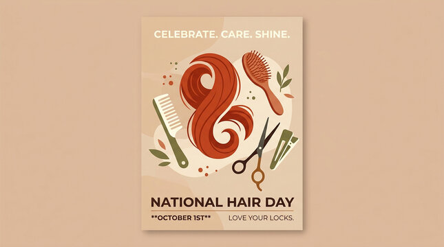 National Hair Day celebration poster design featuring red curly hair lock, grooming scissors, brush and comb. Beauty care tools illustration for salon, spa, or aesthetic promotions.