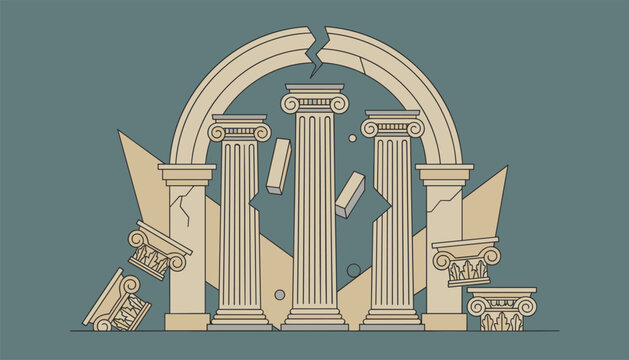 Conceptual architectural illustration showing broken ancient classical pillars and columns under a cracked arch.