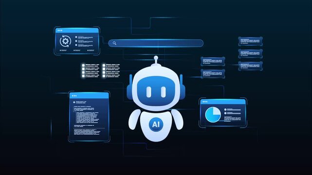 Futuristic AI workflow automation machine learning with ai agent assistant, coding panels and data analytics dashboard, looped animation