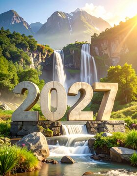 Scenic 2027 Stone numbers in a natural paradise, with waterfalls, mountains, and a river. Symbolizing new beginnings, hope, and a bright future ahead