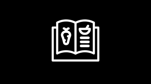 Open cookbook icon with carrot and recipe pages on black background