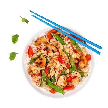 Chinese vegetable noodles stir fry mushrooms with peanuts and chopsticks on transparent background PNG element