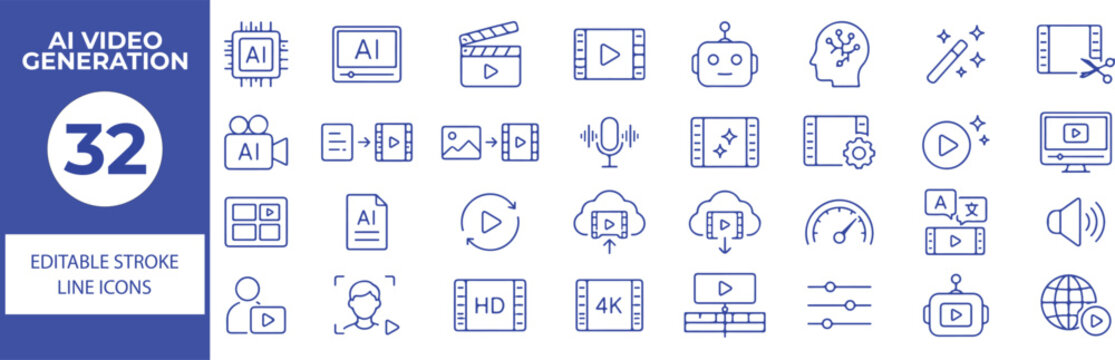 32 AI Video Generation Vector Outline Icons Set,Artificial Intelligence, Video Creation, Generative AI, Video Editing, Machine Learning and Digital Media Line Symbols Collection