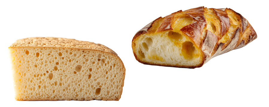 Freshly baked porous bread slice and rustic cheese loaf isolated on a transparent background
