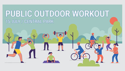 Fototapeta premium Active citizens doing fitness exercises, running, cycling, and practicing yoga together during public outdoor workout event in city park.
