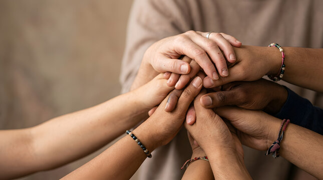 Group of diverse people stacking their hands together in a sign of unity and friendship.