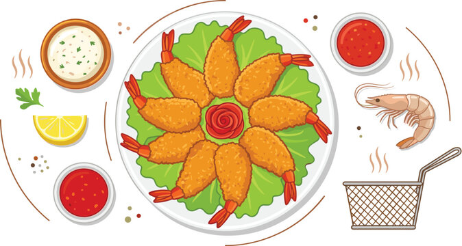 Fried tempura shrimp vector illustration set with crispy prawns on lettuce plate dipping sauces lemon wedge raw seafood and fryer basket