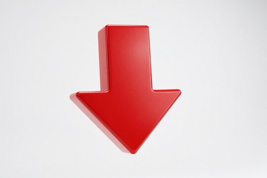 Shiny red glossy 3D arrow points down. Bold direction sign icon isolated on white background. Minimalist web design element for download button, decrease symbol, falling price trend. Modern digital