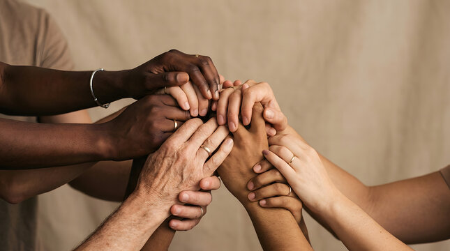 Diverse group of people stacking hands together in a symbol of unity and teamwork.