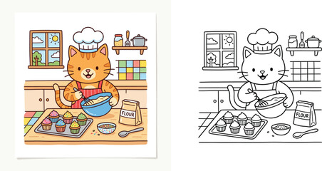 Fototapeta premium Cute cat chef baking cupcakes in kitchen colored vector illustration and black and white coloring page line art set for kids activity worksheet outline doodle vector