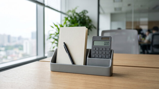 A desk organizer holds a notepad, a pen, and a calculator on a wooden office table.