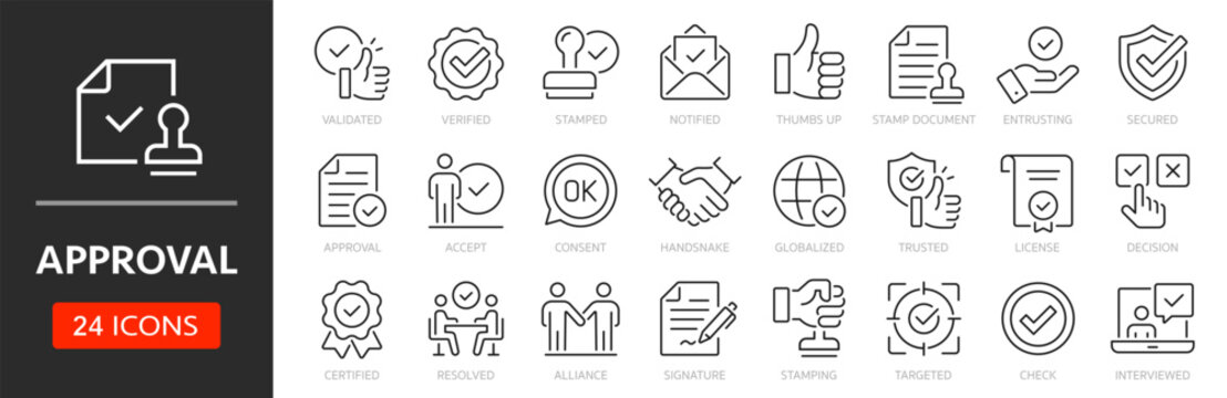 Approval line icon set. Editable Stroke. Accept, approve, confirm, ok, certified, agreement, stamp, validation, thumps up, signature - stock vector.