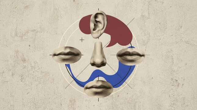 Surreal human face composition featuring vintage cutouts of ears nose and multiple lips arranged within a geometric circle on a weathered beige textured plaster wall background
